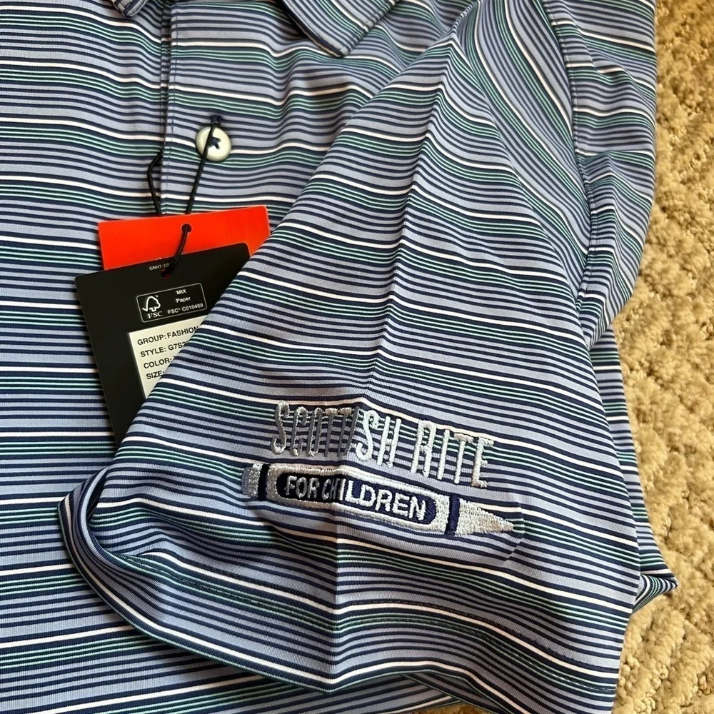 Greg Norman Men’s ML75 Stretch Panorama Stripe Polo Tropic Navy Golf Shirt - Picture 5 of 6